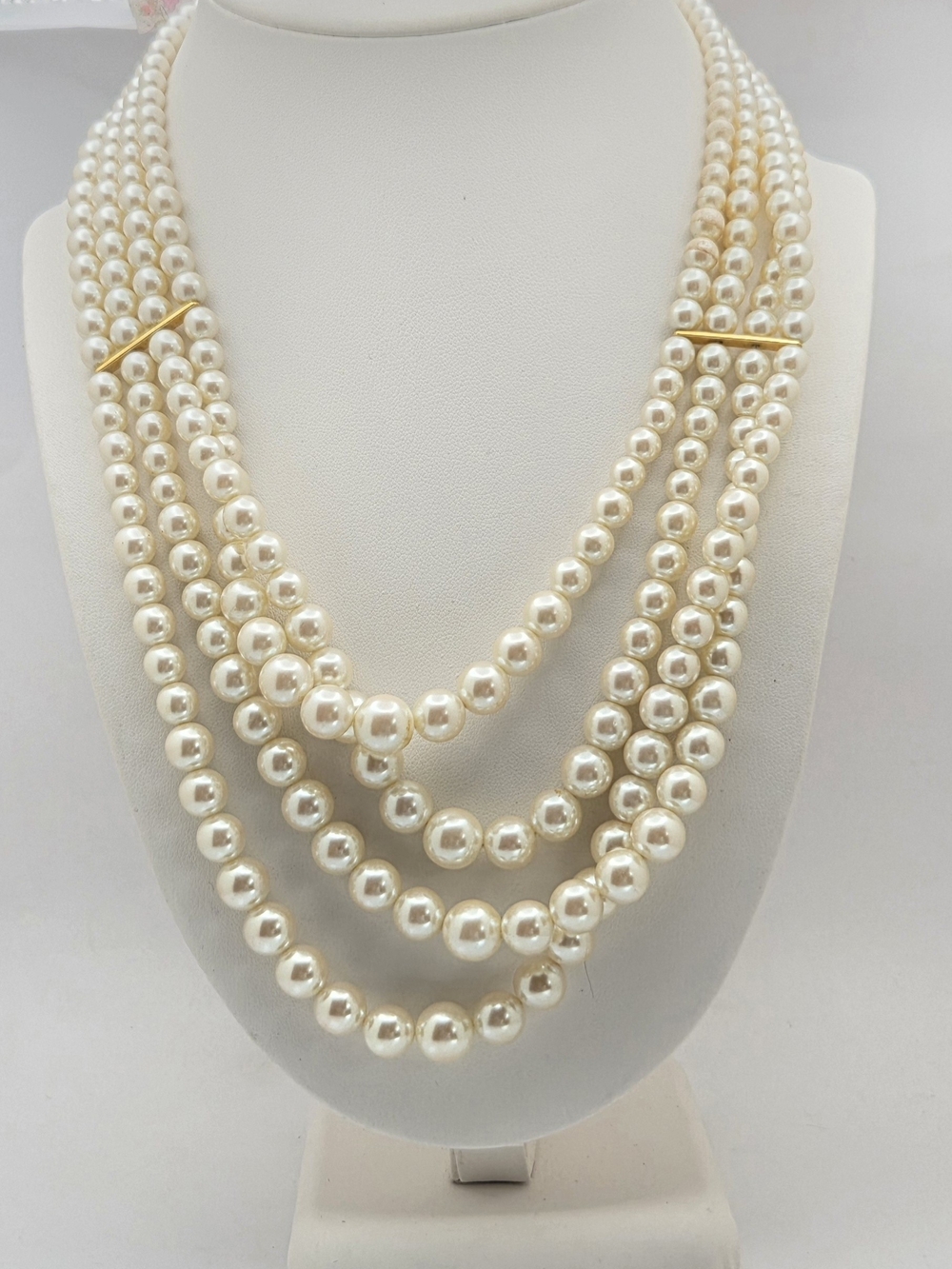 Multi-Strand Simulated Pearl Waterfall Layered Necklace 18" Gold Tone